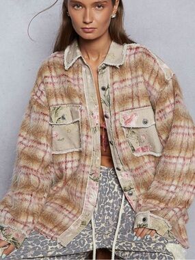#192-49 POL New Plaid Fuzzy Shacket with Floral Patch Pockets - Pink, Beige